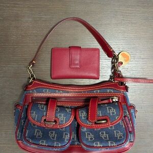 Dooney & Bourke Red and Blue Shoulder Bag with Leather Accents